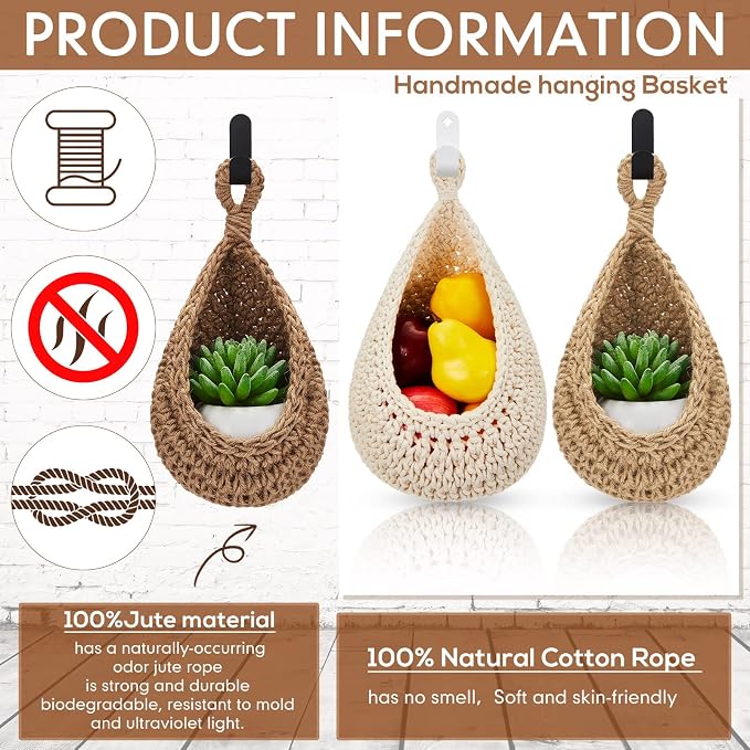 Honeydak Boho Decor Hanging Wall Baskets for Kitchen 3 Pack Teardrop Baskets with Hooks Storage Fruit Onion Vegetable Potato for Home 3 Sizes(Light Linen,Teardrop,Cotton Rope) - Image 4