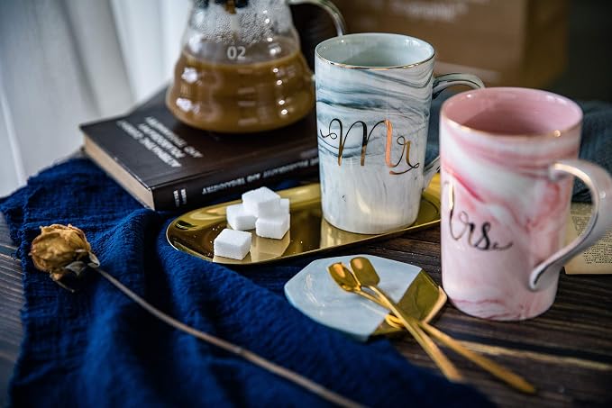 Jumway Wedding Gifts for Bride and Groom, Gifts for Bridal Shower Engagement Wedding and Married Couples Anniversary - Ceramic Marble Coffee Mugs with Real Gold Mr/Mrs Letters 14 Oz Pink - Image 5