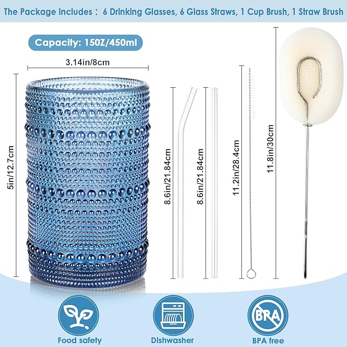 KMIGRUAN Large Hobnail Drinking Glasses Set of 6, 15oz Blue Vintage Glassware, Embossed Glass Cups, Water Tumbler, Highball Glasses For Beer, Juice And Various Mixed Drinks - Image 2