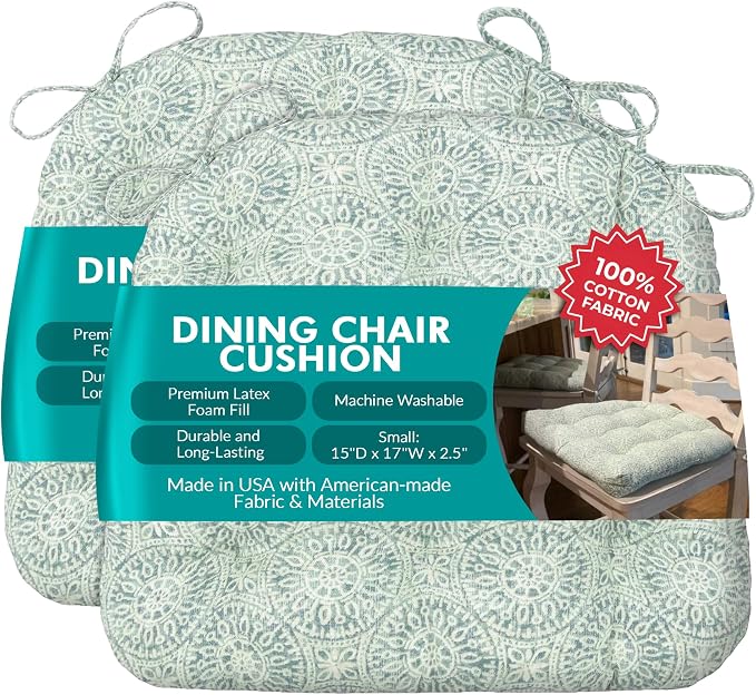 Barnett Home Decor Dining Chair Cushions with Ties – Size Small 15 x 17 - Latex Foam Fill, 100% Cotton, Machine Washable Chair Pads for Kitchen Chairs, Made in USA (Tibet Spa/Pack of 2) by BarnettHomeDecor