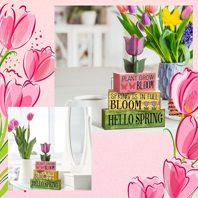 Moucuny 4 Pcs Spring Table Decoration Wooden Stacked Block Decor with Tulip Topper Spring Easter Tiered Tray Decor Platel Flower Table Centerpieces for Easter Party, Living Room, Kitchen - Image 6