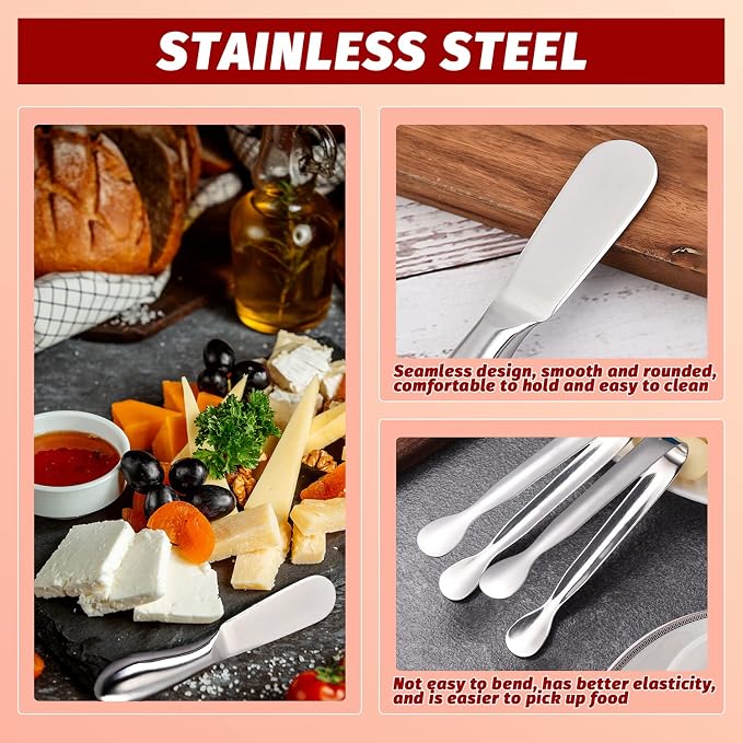 Butter Spreader Knife Set 8 PCS Stainless Steel Cheese Butter Spreader Knives and Mini Serving Tongs for Cheese Cold Butter Jam Appetizers Pastry Charcuterie Accessories Kitchen Utensils - Image 3