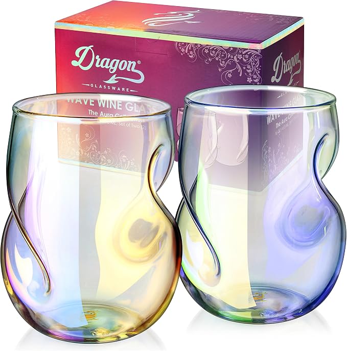 Dragon Glassware Stemless Wine Glasses, 16 oz Set of 2 - Iridescent | Short Wine Glasses Set of 2 with Finger Indentations; Aerates Naturally; Standard Width Design; Unique Drinkware by DragonGlassware