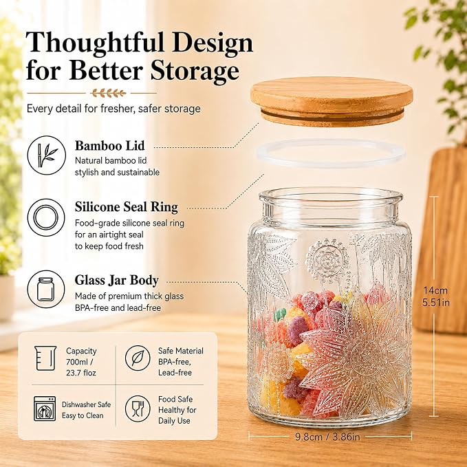 Vintage Glass Jars With Lids, 23.7oz Airtight Food Storage Containers,Kitchen Canisters For Sugar, Coffee, Tea, Spice, Flour, Candy Cookie, Pasta, Cereal, Cute Decorative Jars(Sunflower*1) - Image 3