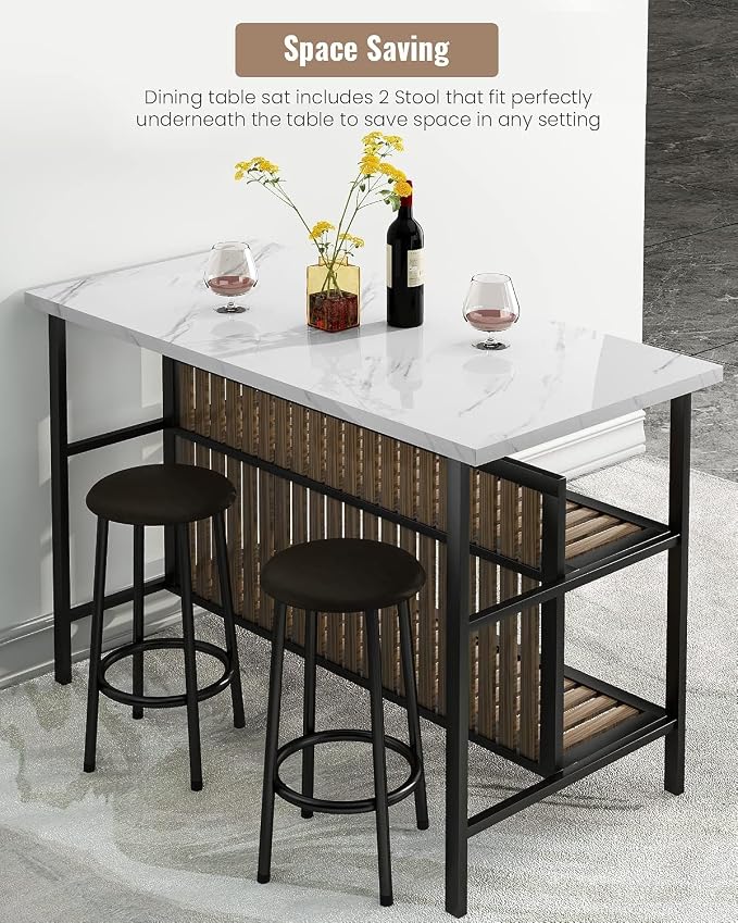 AWQM Kitchen Island with Seating & Storage Shelf, Modern Bar Table and Chairs Set for 2, Wooden Island Table for Kitchen, Dining Table Set for Small Space, White - Image 4