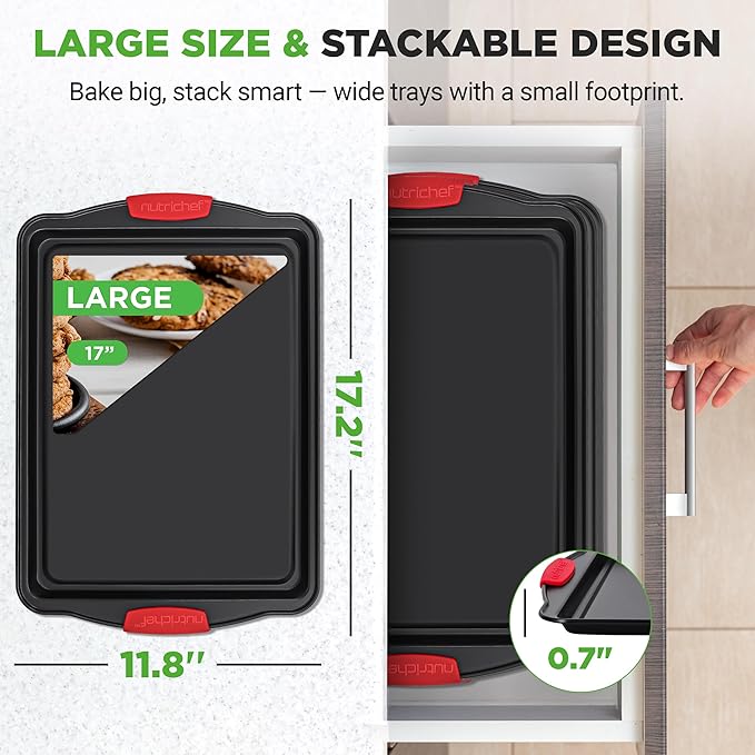 NutriChef 3-Piece Large Nonstick Cookie Sheets for Baking | Premium Food-Grade Carbon Steel, Non-Stick Tray Set with Silicone Handles, Oven Safe up to 446°F | Easy to Clean, 17.2 x 11.8 x 0.7 Inch