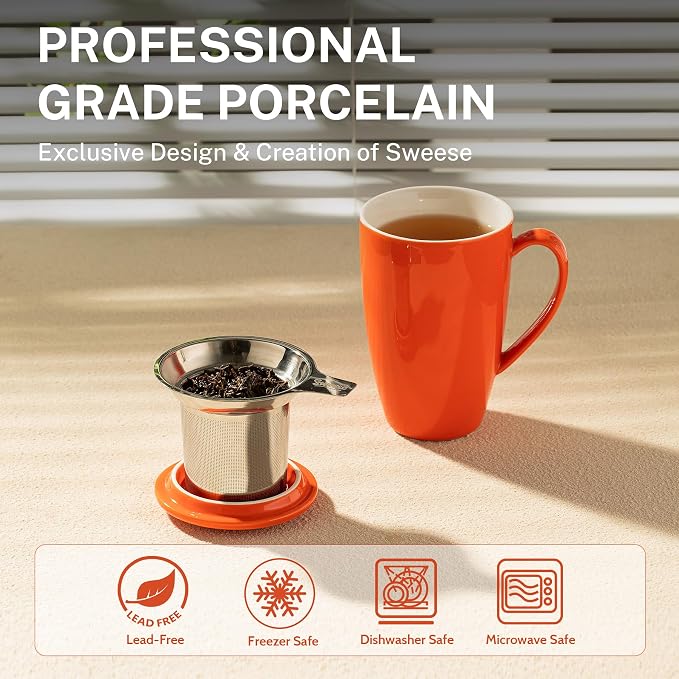 Sweese 15oz Porcelain Tea Mug with Infuser and Lid – Microwave Safe, Ergonomic Handle, Lead-Free Glaze, for Loose Leaf Tea - Image 3