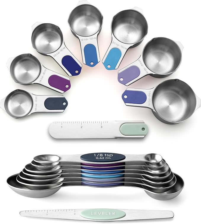 Spring Chef Magnetic Measuring Cups & Spoons Set of 15, Winter Frost | Patented Nesting Stainless Steel Measuring Cups & Heavy Duty Metal Measuring Spoons w/ Levelers for Dry & Liquid Ingredients by SpringChef