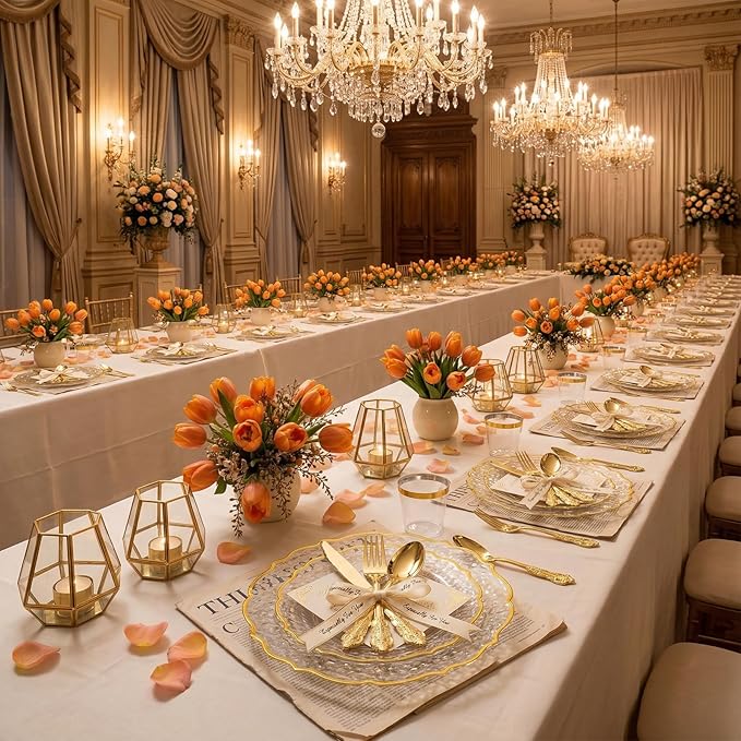 N9R 300pcs Gold Plastic Silverware Dinnerware Flatware- Heavyweight Plastic Cutlery Set, 100 Forks, 100 Spoons, 100 Knives, Gold Utensils for Party, Thanksgiving, Christmas | 100 Fancy Forks, Spoons, Knives, Heavy Duty, BPA-Free, for Party, Weddings, B... - Image 5
