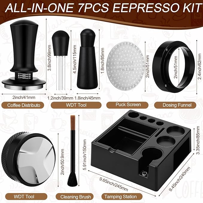 7Pcs 51mm Espresso Accessories Kit Espresso Tamping Station Spring Loaded Calibrated Tamper WDT Tool and Dosing Funnel Set Coffee Distributor and Tamper Leveler Fits 51mm Machines