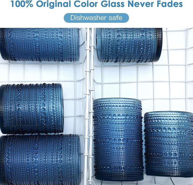 KMIGRUAN Large Hobnail Drinking Glasses Set of 6, 15oz Blue Vintage Glassware, Embossed Glass Cups, Water Tumbler, Highball Glasses For Beer, Juice And Various Mixed Drinks - Image 5