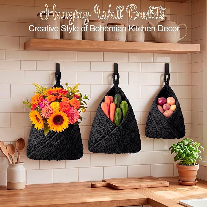 Honeydak Boho Decor Hanging Wall Baskets for Kitchen 3 Pack Teardrop Baskets with Hooks Storage Fruit Onion Vegetable Potato for Home 3 Sizes(Black,Triangle,Cotton Rope) - Image 6