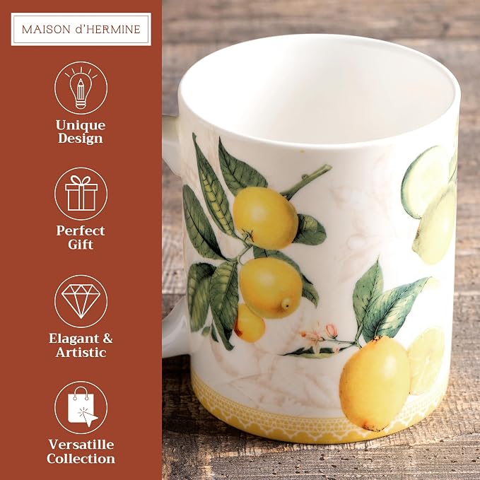 Maison d' Hermine Coffee Mug with Handles Tea Cups (15 Ounce, Pack of 1) | Fine Bone China Coffee Mugs for Hot Beverages Cappuccino Latte Home Restaurant Hotel Spring Summer -Limoncello - Verna - Image 2