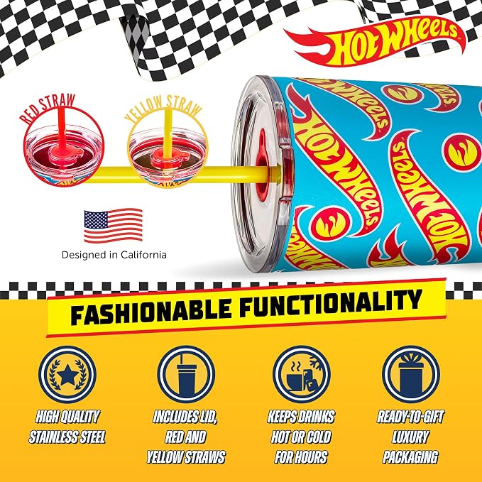 Dragon Glassware x Hot Wheels Tumbler with Straw, 24 oz - Race Team | Vacuum Insulated Stainless Steel Tumbler with Straw & Lid; Double Walled Tumbler with Straw; Hot Wheels Cup with Lid - Image 3