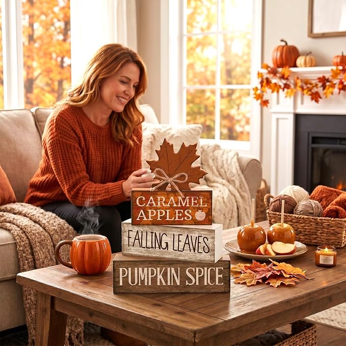 Moucuny 4 Pcs Fall Decor Wooden Maple Leaf Decoration Thanksgiving Tiered Tray Decor Rustic Wooden Maple Leaf Block Signs Thanksgiving Table Centerpiece Farmhouse for Autumn Harvest Party Kitchen Home - Image 4