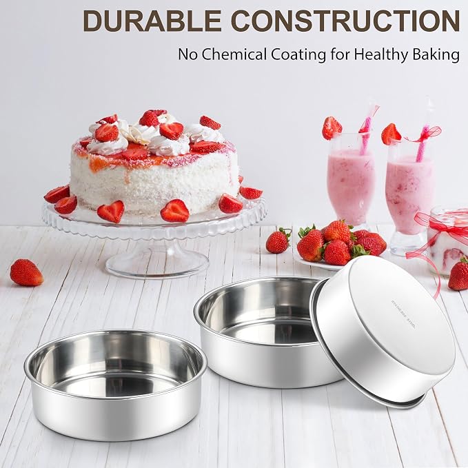 Homikit Round Cake Pan Set of 3, 8 Inch Stainless Steel Layer Cake Tins for Baking, Mirror Finish Bakeware for Wedding Birthday Baby Shower Party, Oven & Dishwasher Safe - Image 3