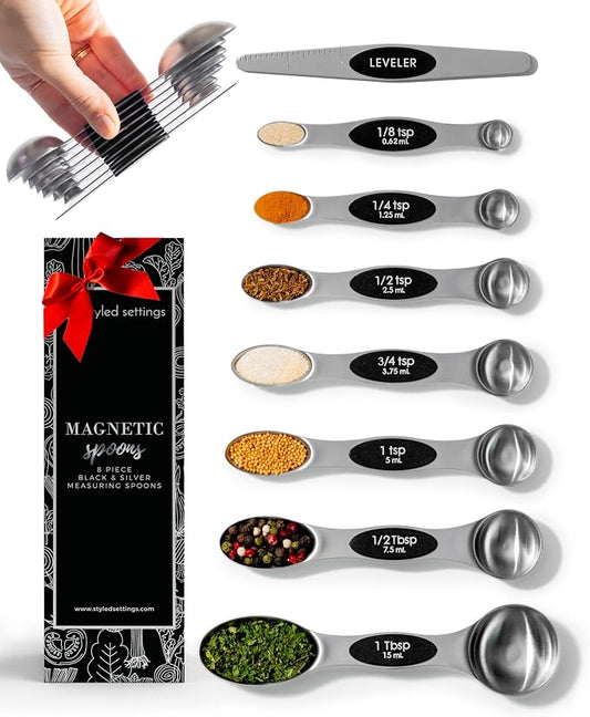 Styled Settings Stainless Steel Magnetic Measuring Spoons Set with Leveler | 8-Piece, Dual Sided, Stackable, BPA Free, Stainless Steel Measuring Spoons for Dry & Liquid Ingredient - Fits in Spice Jars by STYLEDSETTINGS