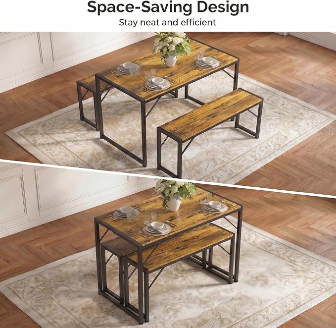 Bealife Dining Table Set for 4 with Metal Frame and MDF Board - Retro | Space Saving Kitchen Table with 2 Benches, Kitchen Table Set for Apartment, Dining Room, Breakfast Nook - Image 4