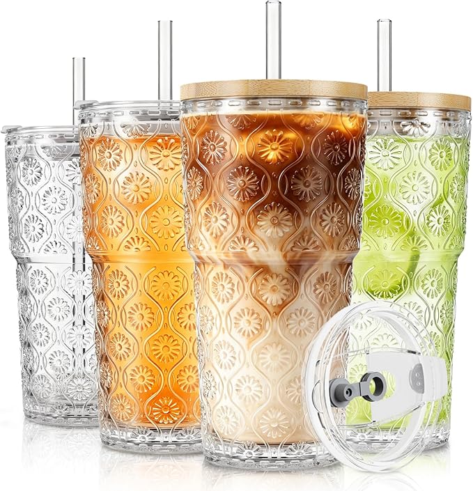 SoulTimes 20oz Begonia Flower Glass Tumbler with Bamboo Lid and Straw–Iced Coffee Glasses Cups for Smoothie, Matcha, Juice, Water etc. Leakproof and Reusable Glassware Drinking for Travel To Go [4Pcs] by SoulTimes