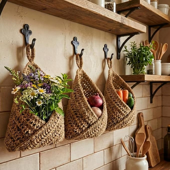 Honeydak Boho Decor Hanging Wall Baskets for Kitchen 3 Pack Teardrop Baskets with Hooks Storage Fruit Onion Vegetable Potato for Home 3 Sizes(Linen,Triangle,Jute) - Image 5