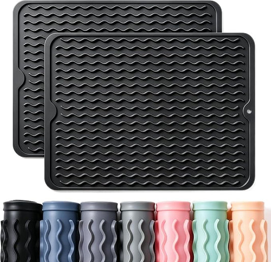 2 Pack Caketime Silicone Dish Drying Mat for Kitchen Counter Cooking Baking Coffee Bar Hot Pads Accessories Dining Home Essentials Under Sink Protector Organizers Stone Rack Trays Drain Black by CAKETIME