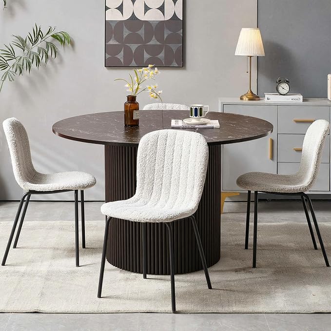 5 Piece Round Dining Table Set for 4, Mid Century Modern Faux Marble Kitchen Table and Chairs, Space-Saving Small Dinette Set (47 Inch Black Table+4 White Chairs) - Image 5