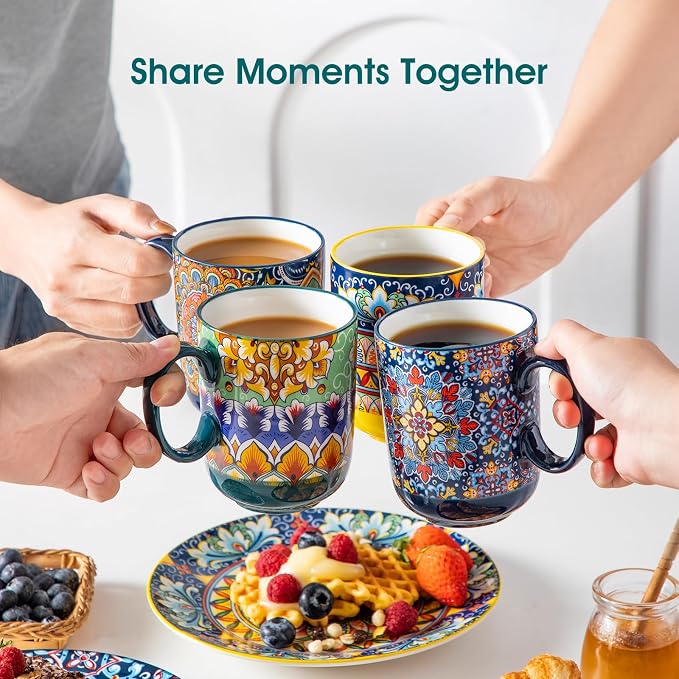 vancasso Simi Boho Coffee Mugs Set of 6, 14 oz Ceramic Mugs with Handle, Colorful Porcelain Cups Microwave Dishwasher Safe, for Latte Tea Cappuccino Cocoa Hot Chocolate - Image 7