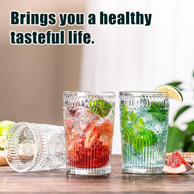 Vintage Drinking Glasses Set of 12, Textured Clear Striped Glass Cups-6 Highball Glasses 13oz & 6 Rocks Glasses 10oz, Ribbed Glassware Set, Mojito Cups, Cocktail Glass, Iced Coffee Cup - Image 4
