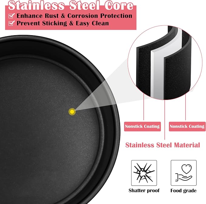 E-far 6 Inch Cake Pan Set of 3, Nonstick Stainless Steel Small Round Cake Pans Tin for Baking Layer Cakes, Stainless Steel Core & Non-toxic Coating, Straight Side & 2 Inch Deep - Image 2