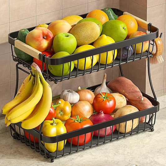2-Tier Fruit Basket with Banana Hangers, Detachable Metal Bowl | Wooden handle, protective mats included. Versatile holder for bread, snacks, and veggies. Large 2 tier metal design. by Sevenblue