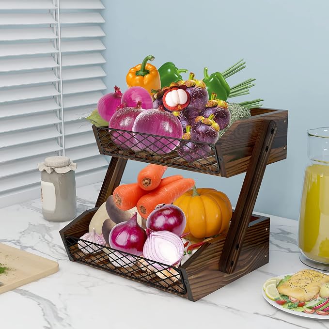 Dorhors Fruit Basket for Kitchen Counter Organizer,Fruit Bowl Stand Storage | 2 tier Rustic Brown Vegetable Holder,Wood Bread Display Rack,Kitchen Countertop Organizer Shelf for Snack,Onion,Banana,Potato - Image 3