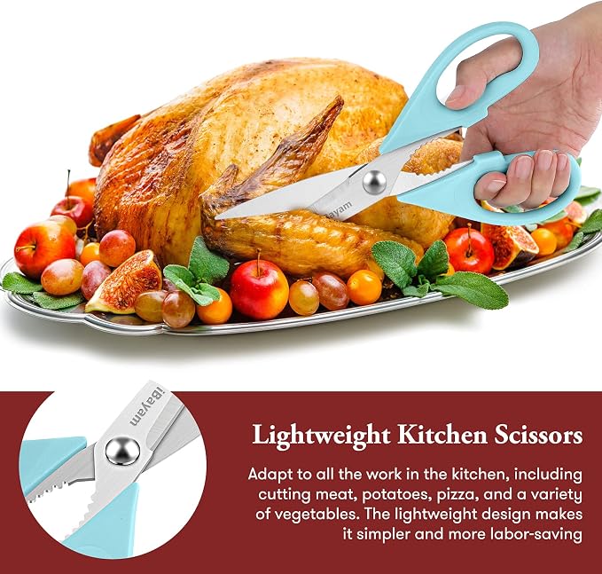 iBayam 8.7" Heavy Duty Kitchen Scissors All Purpose 2-Pack –Pistachio/Blue | Sharp stainless steel blades, cut meat, chicken & vegetables. Ergonomic comfort grip, dishwasher safe, includes blade covers - Image 5