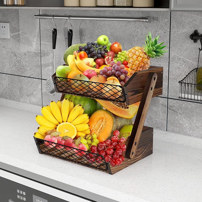 Dorhors Fruit Basket for Kitchen Counter Organizer,Fruit Bowl Stand Storage | 2 tier Rustic Brown Vegetable Holder,Wood Bread Display Rack,Kitchen Countertop Organizer Shelf for Snack,Onion,Banana,Potato - Image 6
