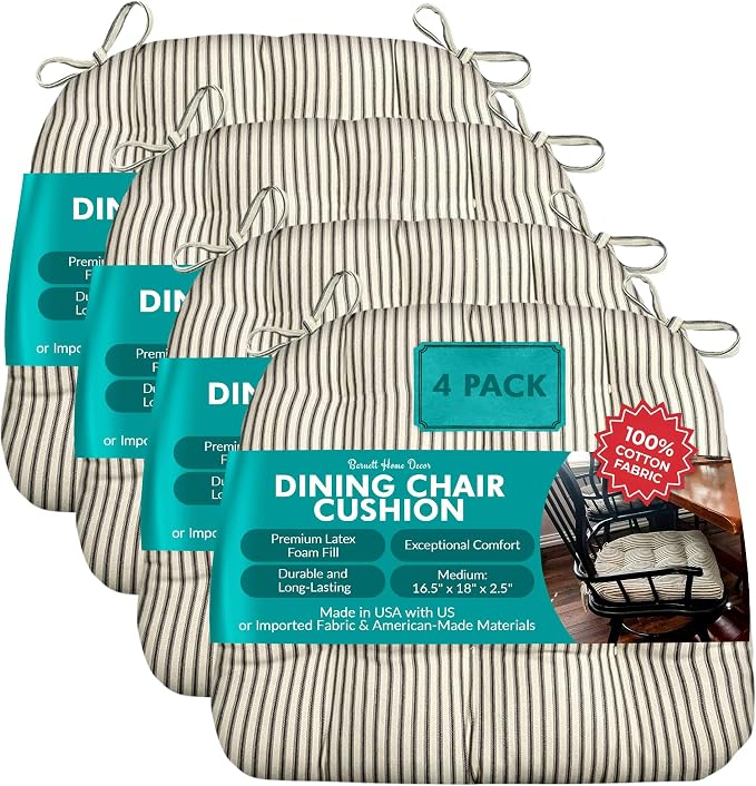 Barnett Home Decor Dining Chair Cushions with Ties, 16.5 x 18 Inches, Pack of 4 – Machine Washable, Made in USA with 100% Cotton and Latex Foam Fill for Comfortable Seating – Ticking Stripe Black by BarnettHomeDecor