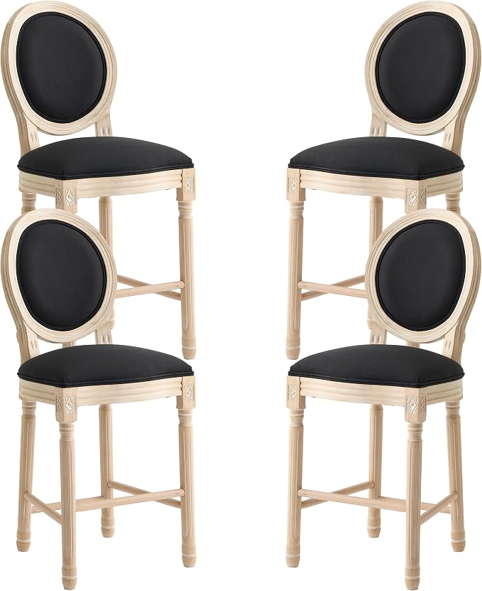 French Country Barstool, Linen Farmhouse Counter Height Chair | Set of 4, with Cushion Round Back and Solid Wood Legs, Oval Chairs for Restaurant, Bar, Kitchen, Café, Black by RCDDFurniture