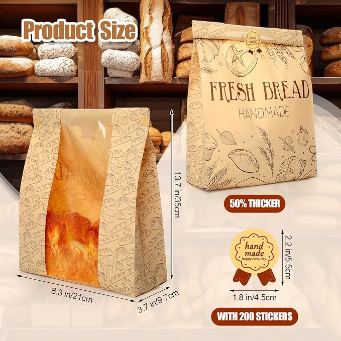 Feifeiya 200 Pack Kraft Paper Bread Bags for Homemade Sourdough Bread Bag with Clear Window 13.7 x 8.2 x 3.5 Large Bakery Packaging for Treat Storage Gift Giving with Seal Sticker - Image 2