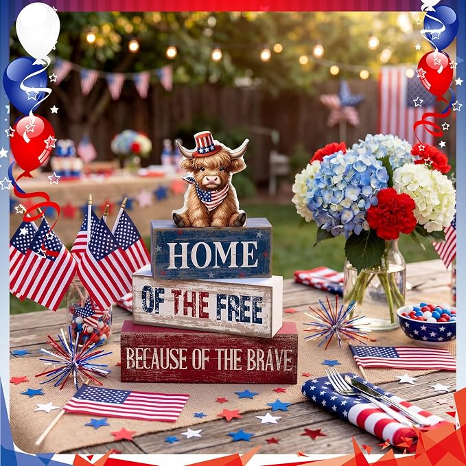 Moucuny 4 Pcs 4th of July Decorations Patriotic Highland Cow Wooden Block Sign Set America Table Decor Patriotic Tiered Tray Decor Red White Blue Memorial Day Centerpieces for 250th Anniversary Home - Image 7