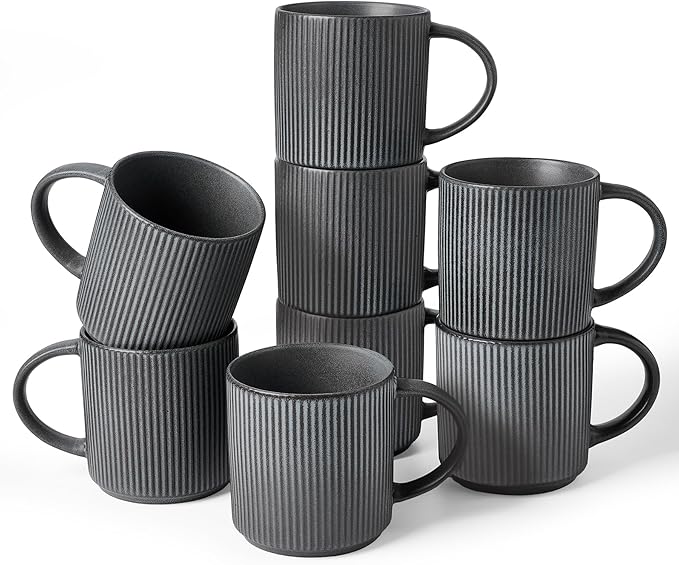 famiware Coffee Mug Set for 8, Star 12 oz Catering Mugs Cup Set with Handle for Coffee, Tea, Cocoa, Milk - Ceramic Stoneware Drinkware Set, Matte Dark Charcoal by Famiware