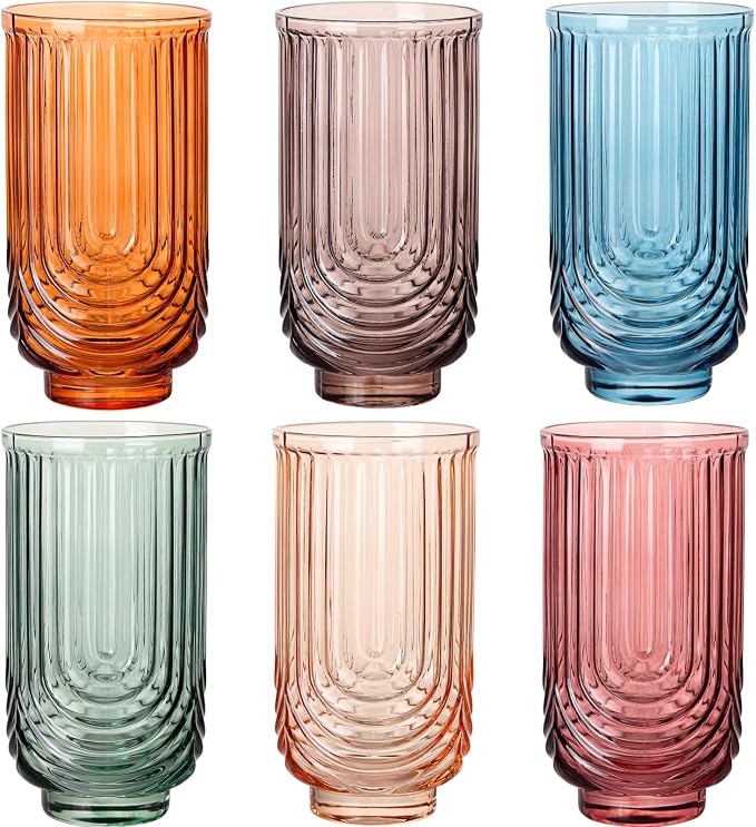 Colored Vintage Drinking Glasses Set of 6-17oz Hand-Blown Highball Ribbed Glassware, Arch Design Cocktail Glasses for Whiskey Water Beverages Ice Coffee Juice Milk by TrophyToast