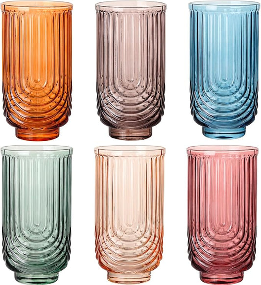Colored Vintage Drinking Glasses Set of 6-17oz Hand-Blown Highball Ribbed Glassware, Arch Design Cocktail Glasses for Whiskey Water Beverages Ice Coffee Juice Milk by TrophyToast