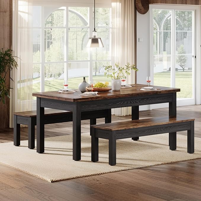 Tribesigns Farmhouse Kitchen Table Set for 4-6, 55-Inch Wooden Dining Table with 2 Benches, Space Saving 3 Pieces Heavy Duty Dinette for Dining Room, Kitchen, Small Space (Black-Brown) - Image 4
