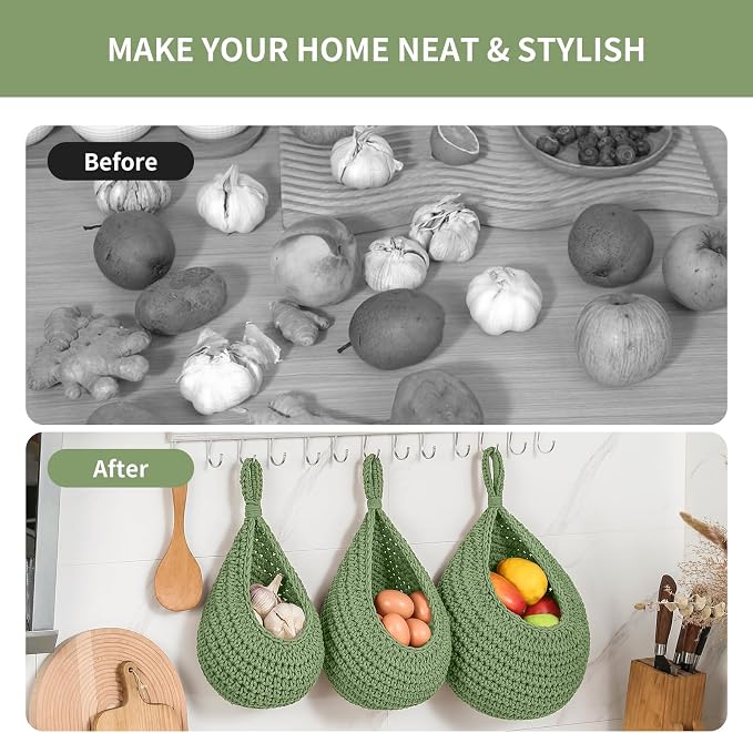 Boho Wall Hanging Fruit Baskets for Kitchen 3 Pack Woven Produce Holder with 6 Pcs Strong Hooks Vegetable Hanging Basket for Organizing Teardrop Home Wall Potato Onion Storage, Green - Image 5