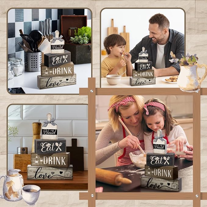 Moucuny 4 Pcs Farmhouse Kitchen Decor Wooden Plate Farmhouse Table Decor Black Brown and White Plate Tableware Centerpiece Rustic Decorative Plates Block Sign for Display Cabinet Kitchen Decoration - Image 4