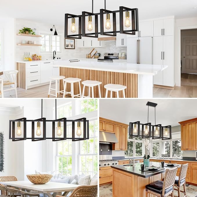 4-Light Dining Room Light Fixture, 53’’ Farmhouse Wood Chandelier Kitchen Island Lighting Over Table, Modern Black Gold Rectangular Hanging Pendant Light Fixture for Living Room, E26 Sockets - Image 5