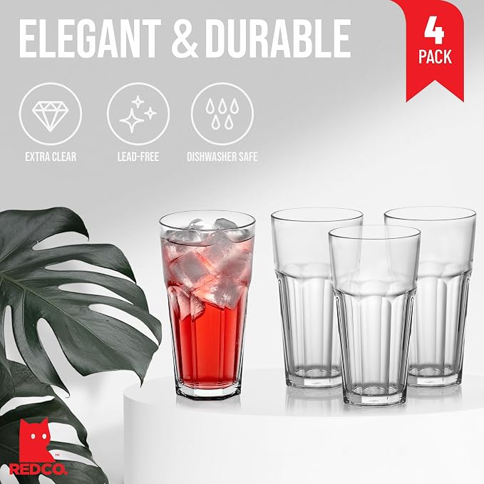 Red Co. Set of 4 Clear Glass 22 Fl Oz Drinking Highball Tumblers for Water, Juice, Beer, Cocktails - Image 2