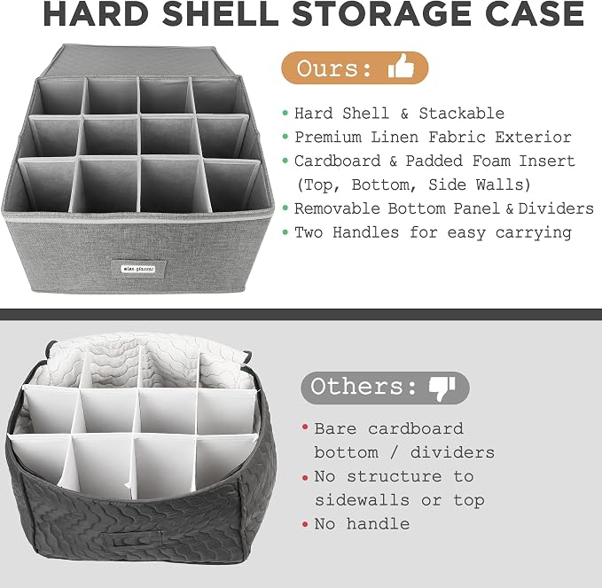 LotFancy Stemware Storage Container, Hard Shell, Stackable Wine Glass Storage Box with Dividers & Handles, Crystal Glassware, Champagne Flute, Drinkware Case for Moving, Grey - Image 3
