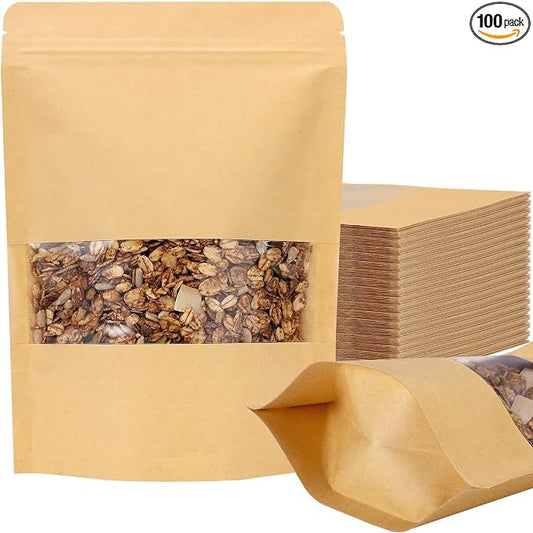 100 Pcs Kraft Paper Resealable Bags for Small Business (4.8 X 6.3 Inches) | Heat Sealable Zip Lock Stand Up Pouches with Clear Window for Food Storage, Samples, Party Favors by EgticLive