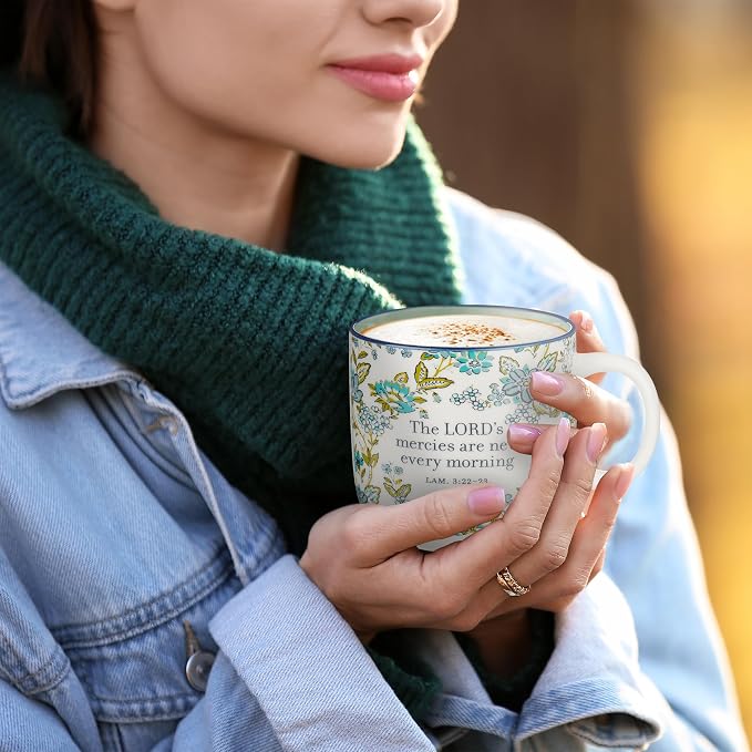 Christian Art Gifts Large Novelty Inspirational Microwave & Dishwasher Safe Ceramic Coffee & Tea Mug for Women: Meries are New Encouraging Scripture, Easy Hold Handle, White & Teal Blue Floral, 14 oz - Image 4