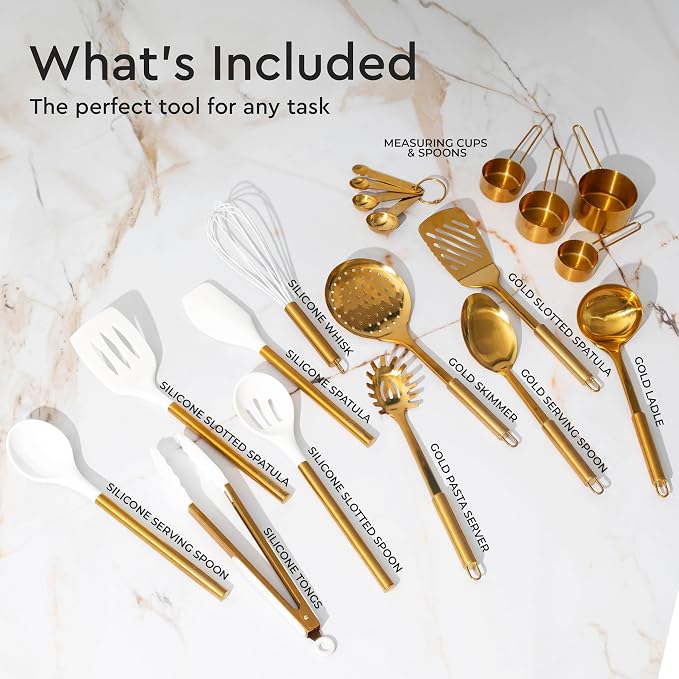 Gold Kitchen Utensils Set - 19-Piece Set Includes Stainless Steel Gold Utensils, White Silicone Tools, and Measuring Cups and Spoons - Luxury Kitchen Accessories for Modern Cooking, Serving, & Gifting | Stainless Steel, White Silicone Tools, and Measur... - Image 2
