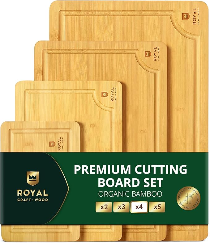ROYAL CRAFT WOOD Wooden Cutting Boards for Kitchen Meal Prep & Serving - Bamboo Wood Serving Board Set with Deep Juice Groove Side Handles - Charcuterie & Chopping Butcher Block for Meat by ROYALCRAFTWOOD